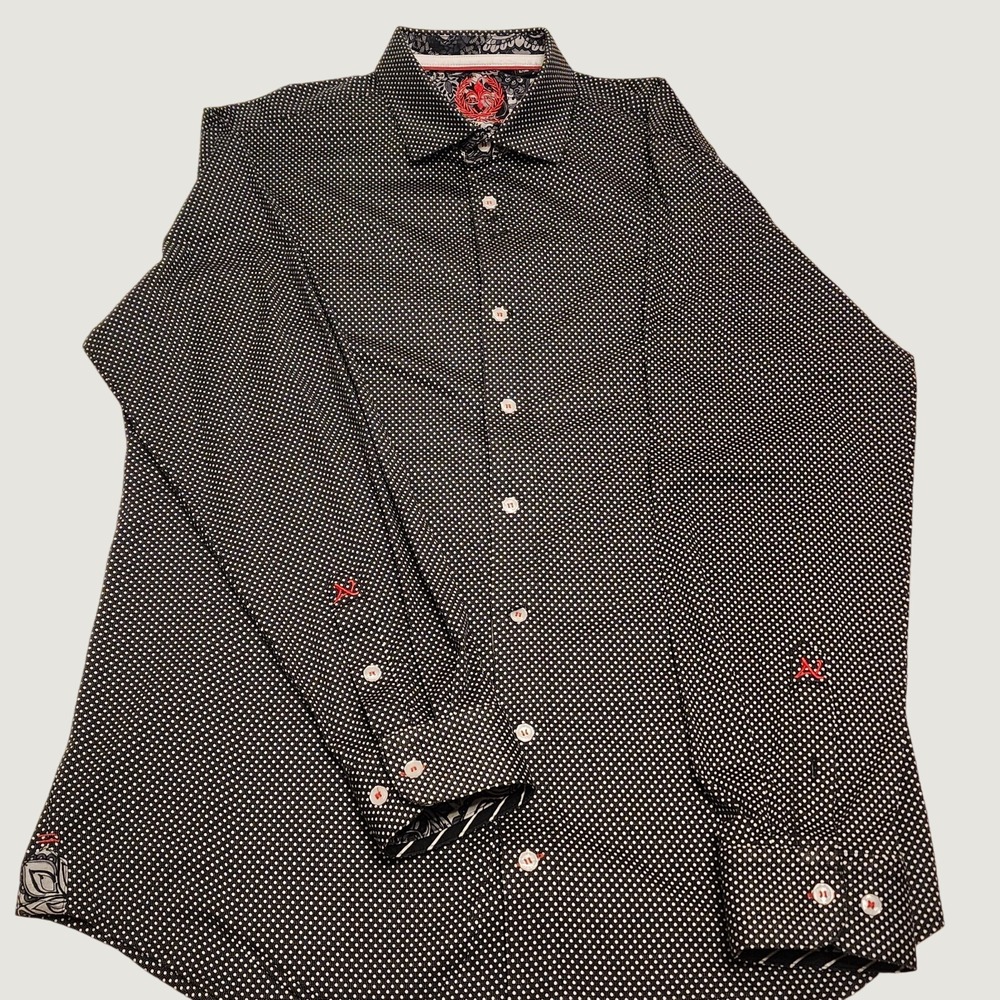 Au Noir Luxury Shirt Mens 1X XL Black Polka Dot Cotton Dress Button Up Designer